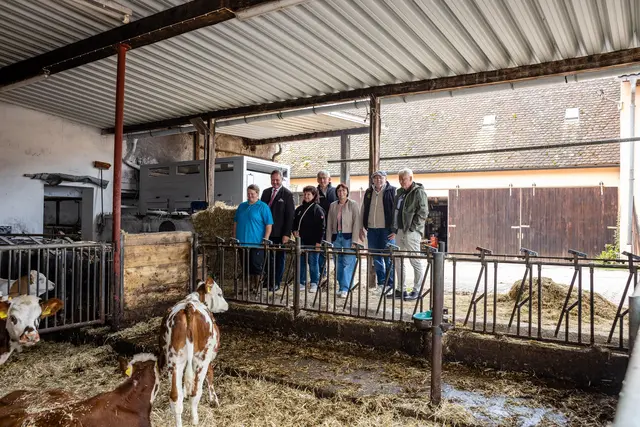 Mit dem Besuch des Hofes von Heike Vogel in Deberndorf unterstrichen alle Anwesenden die Wichtigkeit der Dorf- und Betriebshilfe für die Bauern der Region. (v.l.n.r.) Dorfhelferin Heike Vogel, Landrat Bernd Obst, Kreisbäuerin Bettina Hechtel, Peter Köninger, Bayerischer Bauernverband, Bürgermeisterin Sarah Höfler, Herbert Engelhardt, Maschinen- und Betriebshilfsring Fürth e.V. und Dr. Peter Schlee, Evangelische Dorf- und Betriebshilfe. | Foto: Landkreis Fürth