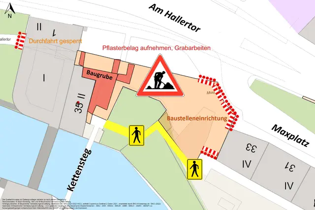 Die Baustelle am Hallertor ist komplex und eng. Ein sicherer Durchgang für Fußgängerinnen, Fußgänger und Radfahrende kann während der Arbeiten leider nicht gewährleistet werden. | Foto: Geobasisdaten © Stadt Nürnberg, Geo und © Bayerische Vermessungsverwaltung
