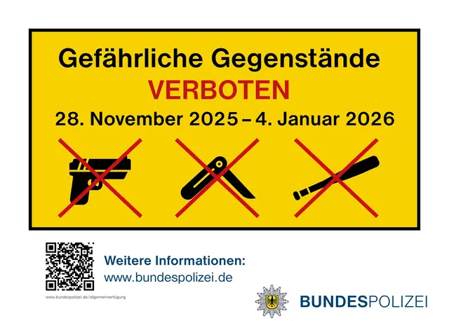 Das Verbot gefährlicher Gegenstände gilt vom 28. November 2025 bis zum 4. Januar 2026.  | Foto: © Bundespolizei