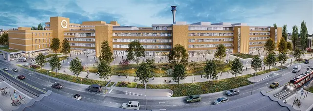 Das Entrée zur neuen Quartiersentwicklung.  Die Transformation des denkmalgeschützten Quelle-Areals soll Lebendigkeit und neue Impulse in den Nürnberger Westen bringen. Das neue Behördenzentrum bildet den Eingang zum neuen Quartier "The Q".

 | Foto: © pulsschlag network GmbH / GERCHGROUP AG