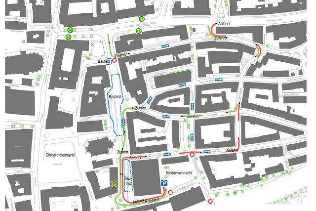 Die geänderte Verkehrsführung am Obstmarkt gilt während des gesamten Veranstaltungszeitraums des Christkindlesmarkts bis Ende Dezember 2025. | Foto: Stadt Nürnberg - Geo / Bay. Vermessungsverwaltung