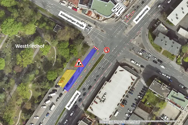 Erneuerung der Asphaltdeckschicht vom 15. bis 18. Dezember 2025 an der Bushaltestelle „Westfriedhof Kreuzung“. | Foto: © Stadt Nürnberg, Geo und © Bayerische Vermessungsverwaltung 