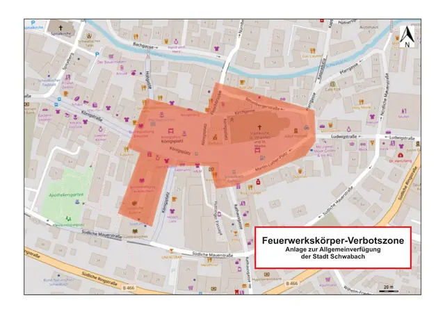 Im rot markierten Bereich ist das Abbrennen von Feuerwerkskörpern aus Sicherheitsgründen verboten. | Foto: Stadt Schwabach