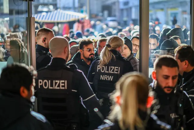 Polizeieinsatz an der Sparkassenfiliale in Gelsenkirchen-Buer. Eine große Menschenmenge versammelte sich vor der Filiale.
 | Foto: Christoph Reichwein/dpa