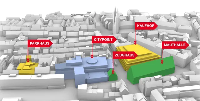 3D-Modell des zentralen Innenstadtareals mit Kaufhof, City-Point, Zeughaus und Mauthalle. | Foto: wbg Nürnberg