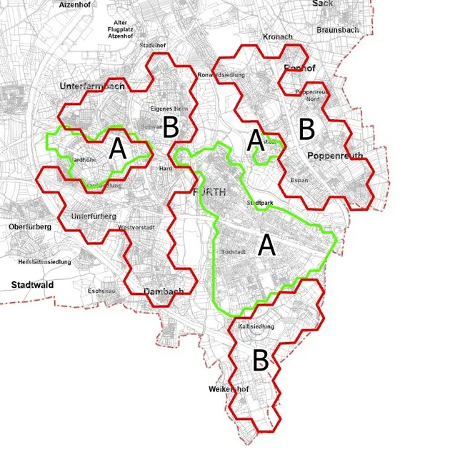 Die Grenzen der Abstellgebiete A und B. | Foto: Stadt Fürth