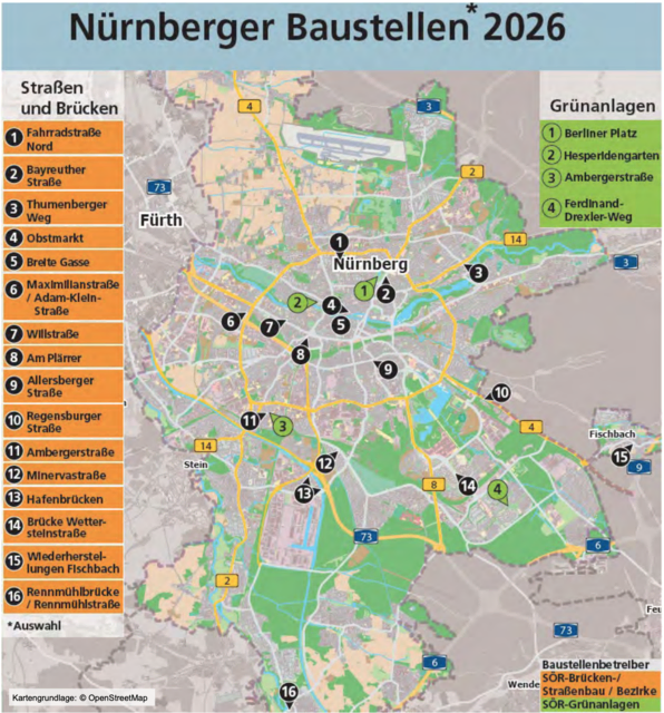 Baustellen Nürnberg 2026.  | Foto: © Stadt Nürnberg/Kartengrundlage OpenStreetMap