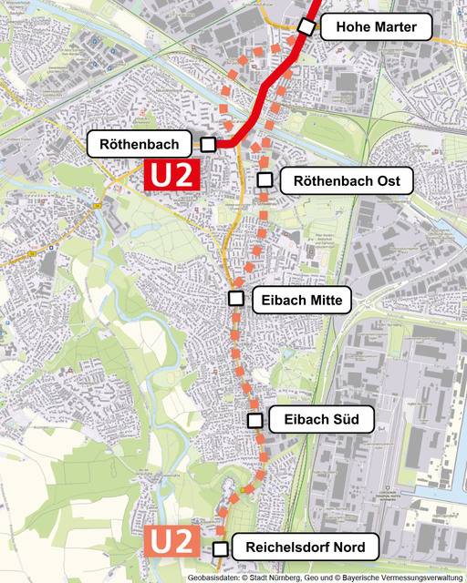 Der geplante Streckenverlauf der U2 bis nach Reichelsdorf Nord. | Foto: Stadt Nürnberg/Planungs- und Baureferat/U-Bahnbauamt/© Stadt Nürnberg, Geo und © Bayerische Vermessungsverwaltung