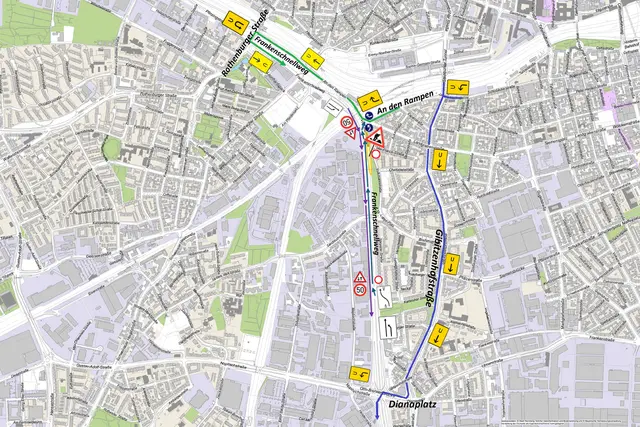 Fahrbahndeckensanierung auf dem Frankenschnellweg: Umleitungsempfehlungen in Richtung Nürnberg-Hafen sind ausgeschildert. Der Verkehr wird einspurig im Gegenverkehr an der Baustelle vorbeigeführt. Es gilt Tempo 50.
 | Foto: (© Stadt Nürnberg, Geo und © Bayerische Vermessungsverwaltung