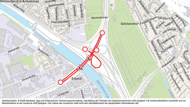 Die Karte zeigt die Sperrungen der Zu- und Abfahrten von und auf die Frankenschnellwegbrücke. | Foto: Sör / Stadt Nürnberg