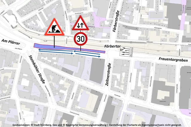 Die nördliche Fahrbahn in Richtung Plärrer ist noch bis zum 29. April wegen einer Sanierung der Fahrbahndecke gesperrt. | Foto: Stadt Nürnberg