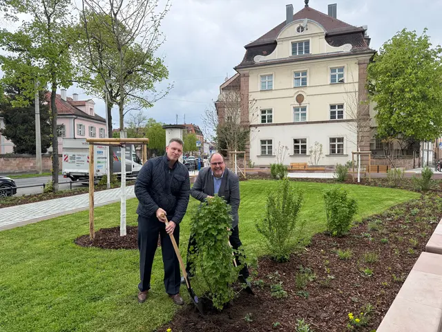 V.l: Ferdinand Hirschfelder, Erster Vorsitzender des Bürgervereins St. Johannis-Schniegling-Wetzendorf e. V., und Bürgermeister und Erster Sör-Werkleiter Christian Vogel haben den Pocket Park feierlich der Öffentlichkeit übergeben und gemeinsam den letzten Johannisbeerstrauch gepflanzt. | Foto: Kathrin Lehnerer / Stadt Nürnberg