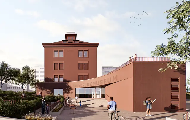 Das künftige „Neues Rundfunkmuseum Fürth – Haus des Hörens“ erhält einen geschwungenen Anbau und barrierefreien Eingang. | Foto: © DBCO GmbH, Münster