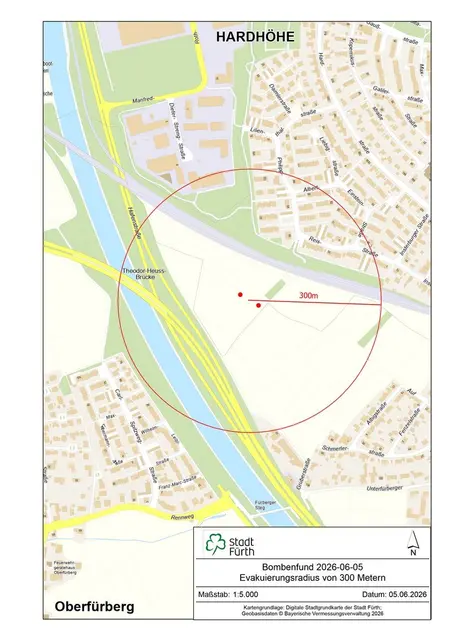 Zwei Fliegerbomben gefunden. Die Karte zeigt das Räumungsgebiet. | Foto: © Stadt Fürth