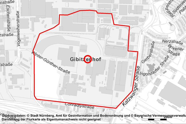 Evakuierungskarte für Bombenfund in Gibitzenhof.  | Foto: © Stadt Nürnberg/Bayerische Vermessungsverwaltung