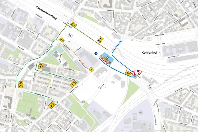 Umleitungsstrecken für den Geh- und Radverkehr sowie den motorisierten Verkehr in Richtung Kohlenhof, während der Brückenbaustelle an der Kreuzung Frankenschnellweg / Schwabacher Straße. | Foto: Stadt Nürnberg, Geo und © Bayerische Vermessungsverwaltung | Darstellung der Flurkarte als Eigentumsnachweis nicht geeignet