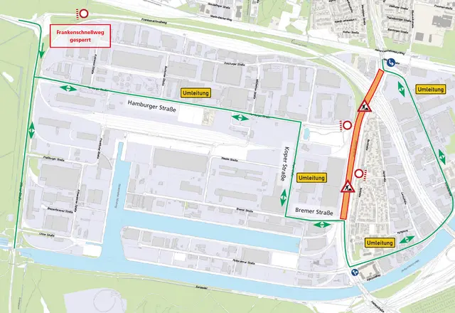 Baustellen- und Umleitungskarte für den ersten Bauabschnitt von Montag bis Samstag, 17. bis 22. August 2026: Hafenstraße zwischen der westlichen Donaustraße und der Bremer Straße. | Foto: Stadt Nürnberg, Geo und © Bayerische Vermessungsverwaltung | Darstellung der Flurkarte als Eigentumsnachweis nicht geeignet
