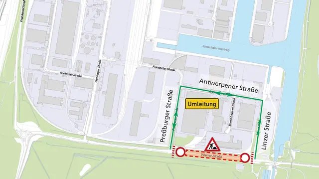 Baustellen- und Umleitungskarte während des dritten und letzten Bauabschnitts an der Wiener Straße zwischen Preßburger Straße und Linzer Straße von Freitag, 4. September, bis Freitag, 11. September 2026. | Foto: Stadt Nürnberg, Geo und © Bayerische Vermessungsverwaltung | Darstellung der Flurkarte als Eigentumsnachweis nicht geeignet)