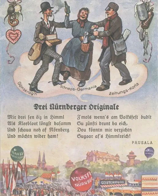 Diese historische Postkarte aus der Zeit um 1910 zeigt drei bekannte Nürnberger Originale: den „Gönskrog’n“, die „Schnaps-Germania“ und den „Zeitungs-Korla“. Sie gehörten damals zum Stadtbild und waren auf dem Volksfest vielen Besuchern bestens bekannt. | Foto: Südd. Schaustellerverband