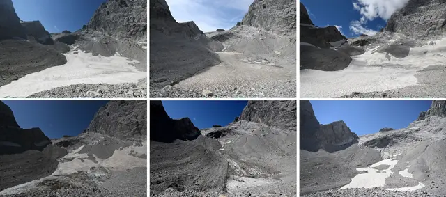 Die Bildreihe zeigt den massiven Verlust des Watzmanngletschers seit 2021. | Foto: Angelika Warmuth/dpa