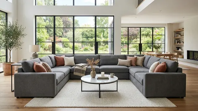 Foto: Eine U-Form Wohnlandschaft als Highlight in einem großen Wohnzimmer KI-generiert mit Google Gemini