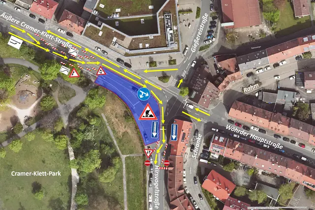 1. Bauabschnitt von 21. September bis 16. Oktober: Das Baufeld befindet sich auf der südlichen Straßenhälfte entlang des Cramer-Klett-Parks. Der Verkehr wird mit jeweils einer Fahrspur pro Richtung an der Baustelle vorbeigeführt. | Foto: Stadt Nürnberg, Geo und © Bayerische Vermessungsverwaltung | Darstellung der Flurkarte als Eigentumsnachweis nicht geeignet.