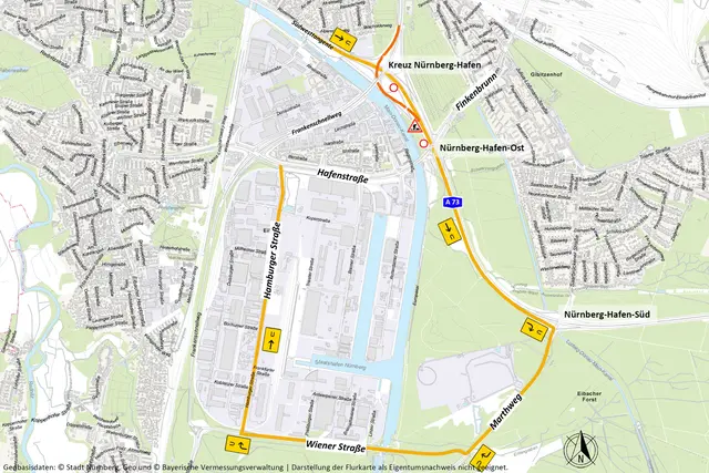 Umleitungsempfehlung aus Richtung Fürth zum Nürnberger Hafen: Verkehrsteilnehmer, die aus Richtung Fürth über den Frankenschnellweg oder die Südwesttangente in den Nürnberger Hafen fahren, werden großräumig über die Anschlussstelle Nürnberg-Hafen-Süd sowie Marthweg, Wiener Straße und Hamburger Straße umgeleitet. 
 | Foto: Stadt Nürnberg, Geo und © Bayerische Vermessungsverwaltung | Darstellung der Flurkarte als Eigentumsnachweis nicht geeignet.