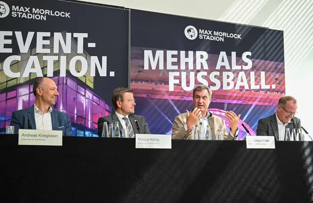 Bürgermeister Andreas Krieglstein, Oberbürgermeister Marcus König, Ministerpräsident Dr. Markus Söder und Jörg Ammon, Präsident des Bayerischen Landes-Sportverbands e. V., bei der Pressekonferenz zur Interessensbekundung der Finals 20XX (v.l.).  | Foto: Christine Dierenbach / Stadt Nürnberg
