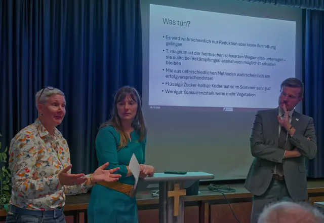 Prof. Dr. Heike Feldhaar, Universität Bayreuth (links), und Oberbürgermeister Marcus König (rechts) im Gespräch mit Anwohnenden des Hasenbucks. | Foto: Günther Babel / BV Hasenbuck
