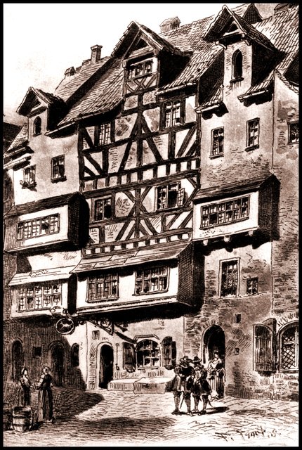 Hans-Sachs-Haus, Hans-Sachs-Gasse um 1900, Haus Nummer 17, Zeichnung F. Trost. | Foto: Altstadtfreunde e.V./Archiv