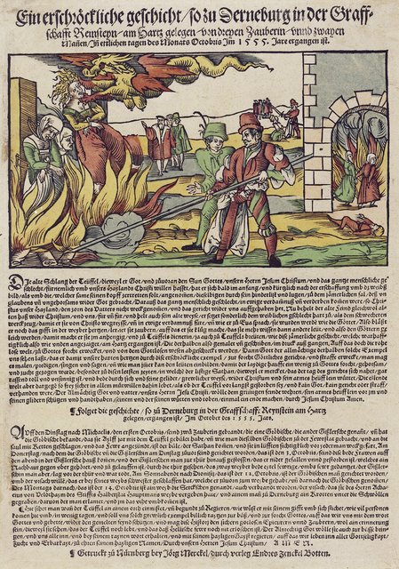 Jörg Merckel: Flugblatt über eine Hexenverbrennung, Nürnberg, 1555, Holzschnitt, koloriert
37,9 cm hoch x 26,5 cm breit. | Foto: Germanisches Nationalmuseum, Nürnberg