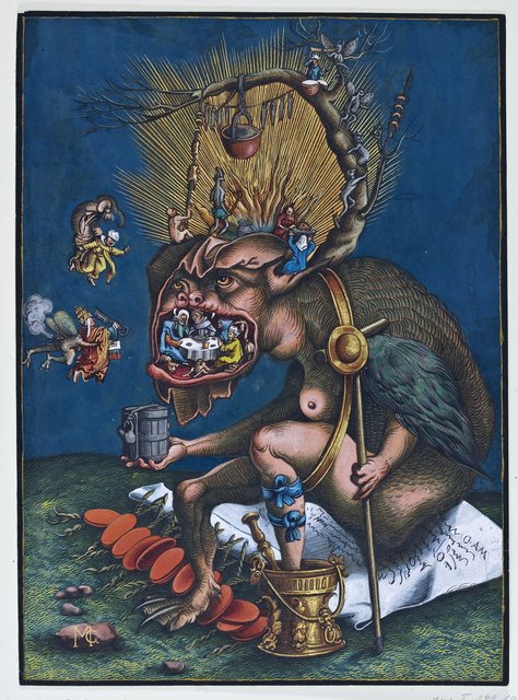Spottblatt auf die katholische Geistlichkeit vor 1536, Matthias Gerung oder David de Negker. Der kolorierte Holzschnitt ist ein besonders prächtiges Beispiel für die Bildpropaganda der neuen Lehre gegen den katholischen Klerus. Dieser erscheint als Gefangener einer grotesken Ausgeburt der Hölle, verspottet durch zahlreiche Details, wie etwa die im Maul des weiblichen Teufels tafelnden Mönche und Nonnen. | Foto: © Kunstsammlungen der Veste Coburg