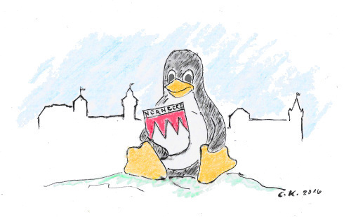 Der Tux fühlt sich wohl vor der Burg