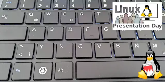 Eine Notebooktastatur mit einem Pinguin auf der sonst üblichen Windows-Taste. Rechts oben das Logo des Linux Presentation Day und rechts unten das Logo der Linux User Group Nürnberg, der Franken-Tux.  | Foto: LUG Nürnberg